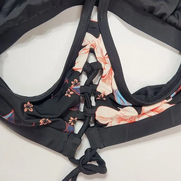 Floral Swim Top OS Padded Swimsuit Cut Out Tie Back Bathing Suit Flowers - Picture 2 of 4